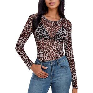 🆕Women Floral Mesh Top Leopard Crew Neck Long Sleeve Polyester Sexy Tee Shirt